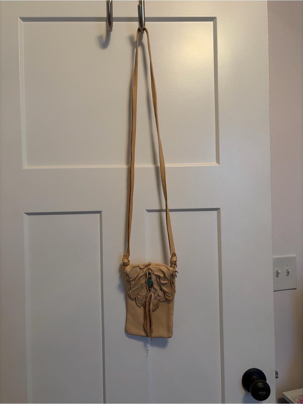 Women’s Beige Crossbody Bag with Fringe and Turquoise Accent
